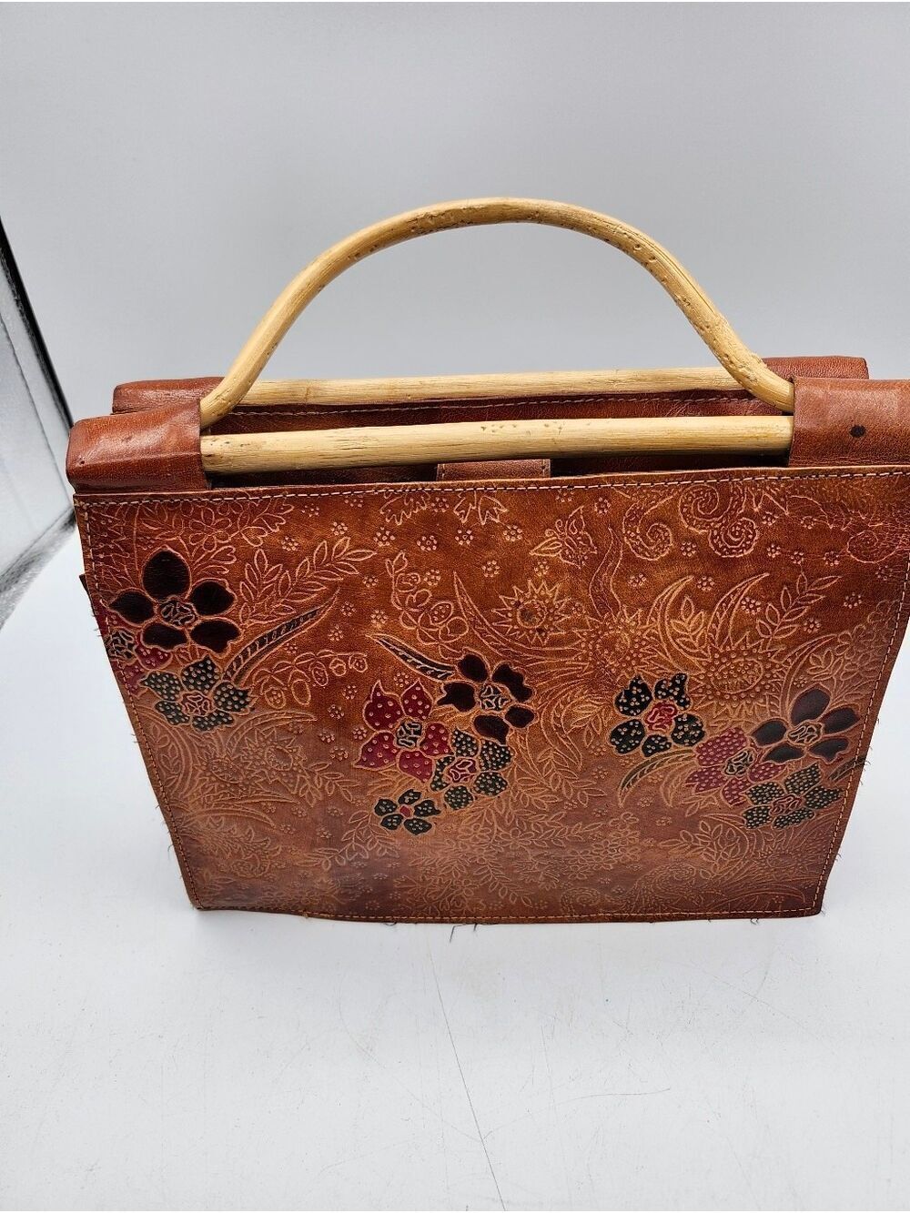 Hand-Tooled Handpainted Vintage Floral Leather Satchel with Wood  Handle  Brown